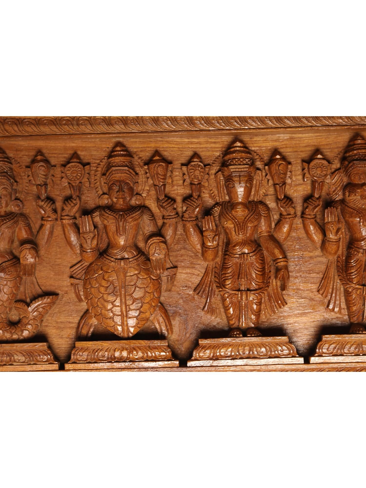 50" Large Teakwood Carved Dashavatara Wall Panel with Lord Vishnu at Center - 2