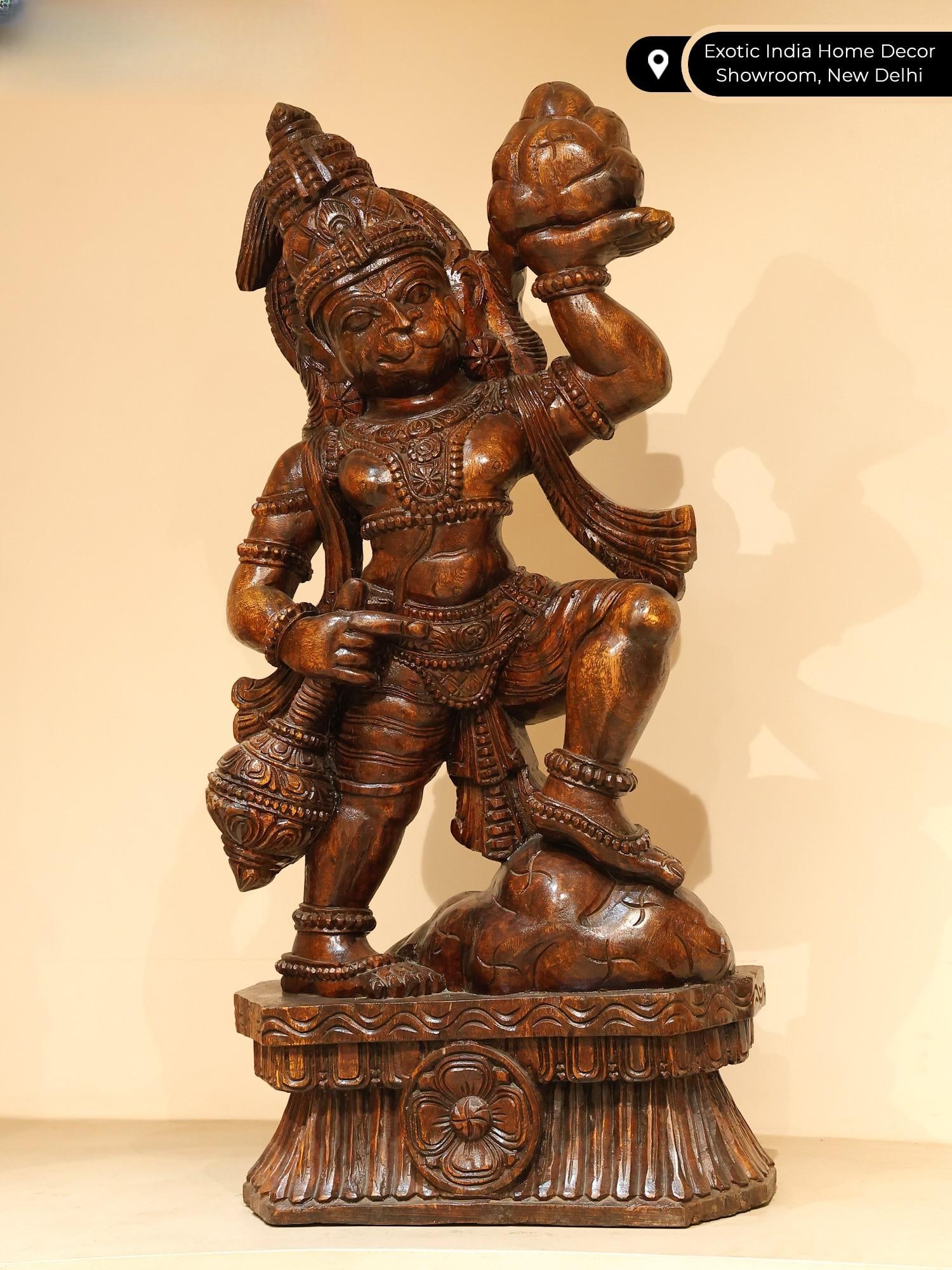 36" Large Lord Hanuman Carrying Mountain of Sanjeevani Herbs | Wood Carved Statue - 2