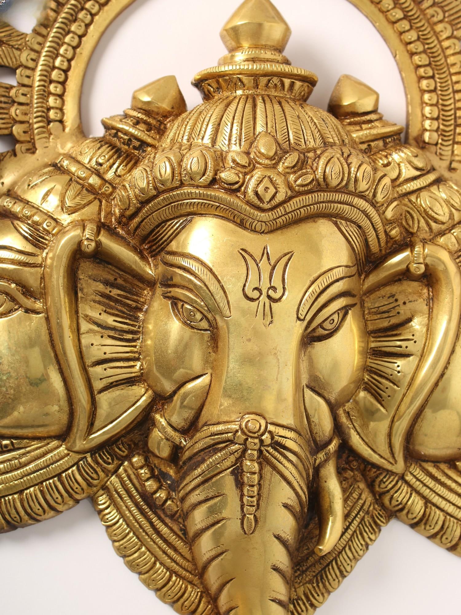 17" Three Headed Ganesha Face Wall Hanging in Brass - 2