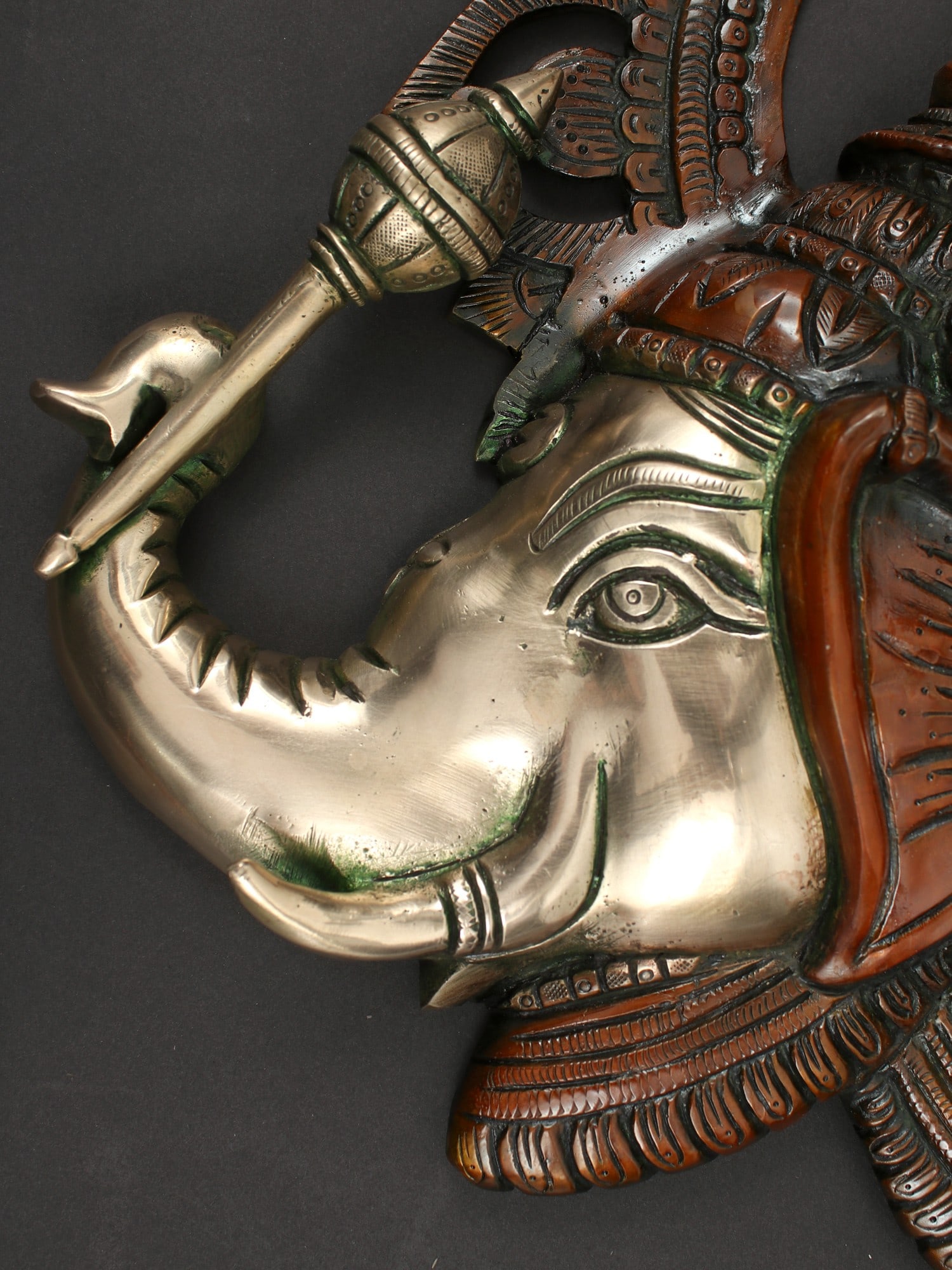 17" Three Headed Ganesha Face Wall Hanging in Brass - 2