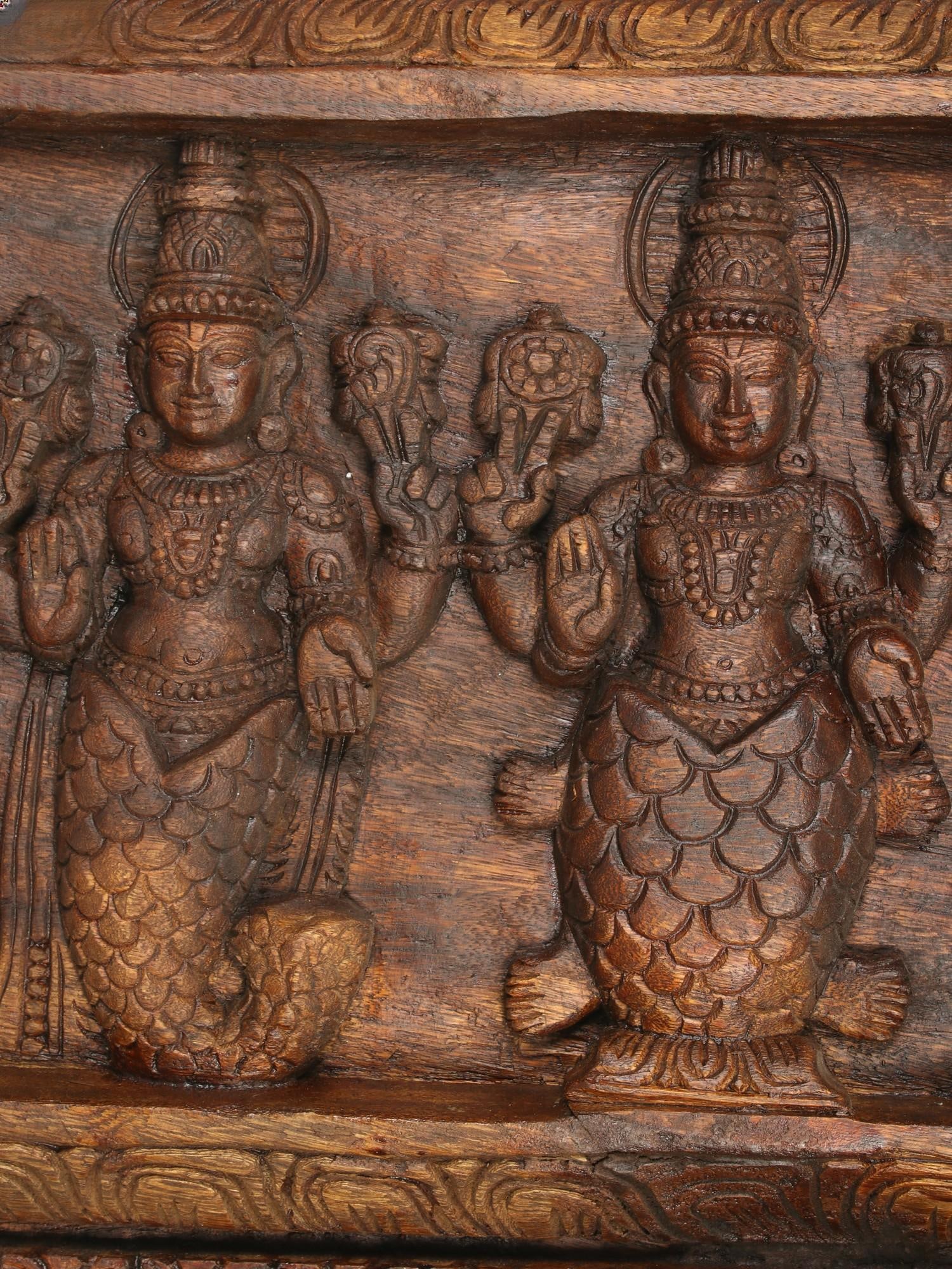78" Large Dashavatara - Ten Incarnations of Lord Vishnu | Wood Carved Wall Panel - 2