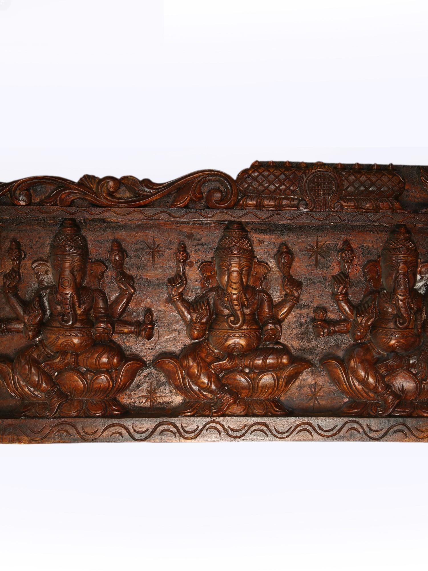 72" Large Wood Carved Ashta Ganapati Wall Panel - 2