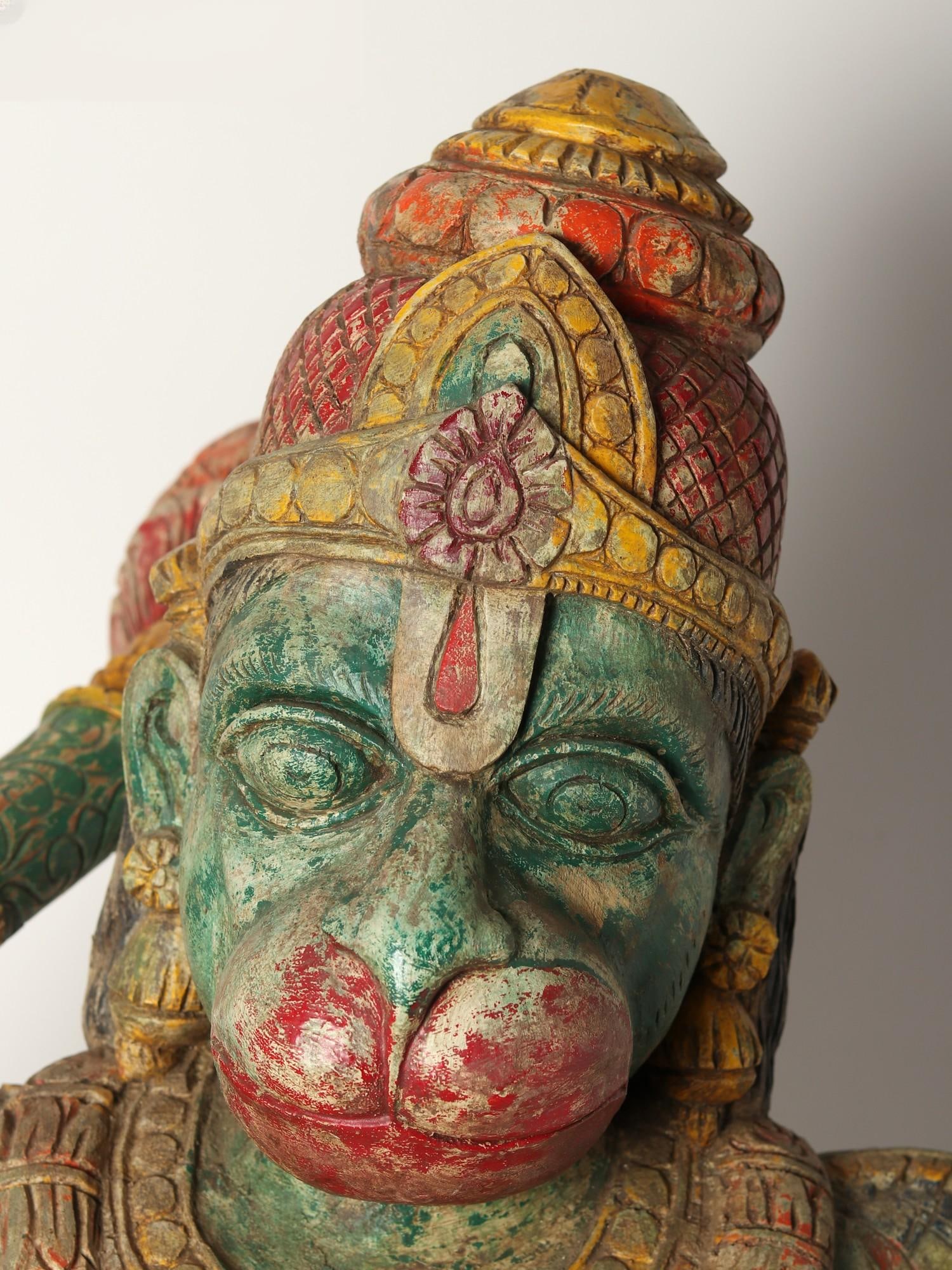 45" Large Standing Sankat Mochan Hanuman | Wood Carved Statue - 2