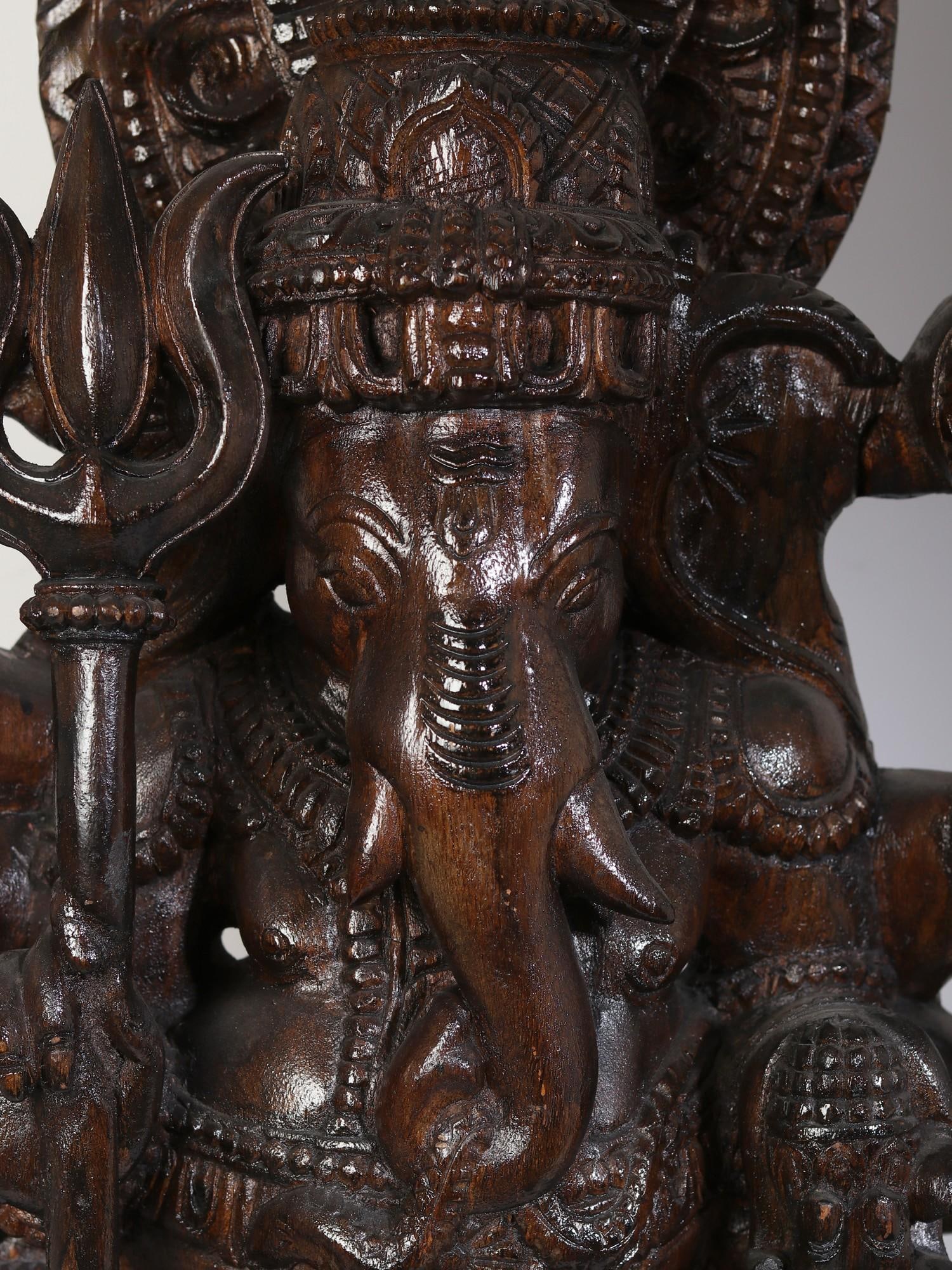 36" Large Wood Ashtabhuja Ganapti Statue - 2