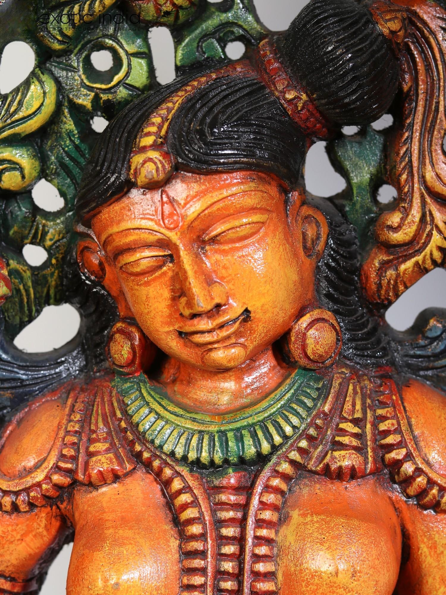 36" Large Wood Idol Of Beautiful Standing Apsara - 2