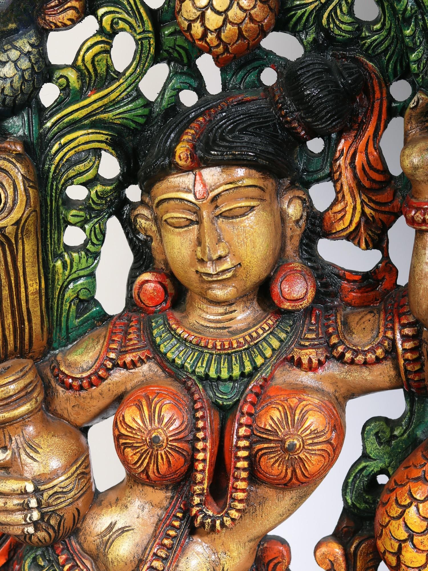 36" Large Wood Statue Of Beautiful Apsara With Water Pot - 2