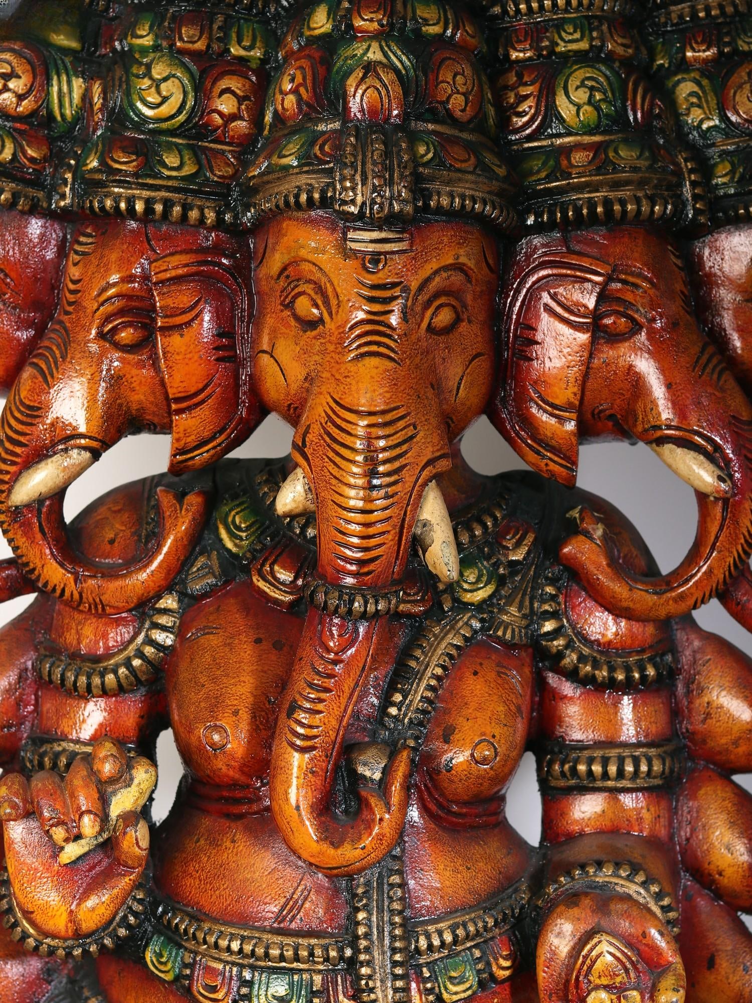 42" Large Wood Panchamukhi Ganapati Statue - 2