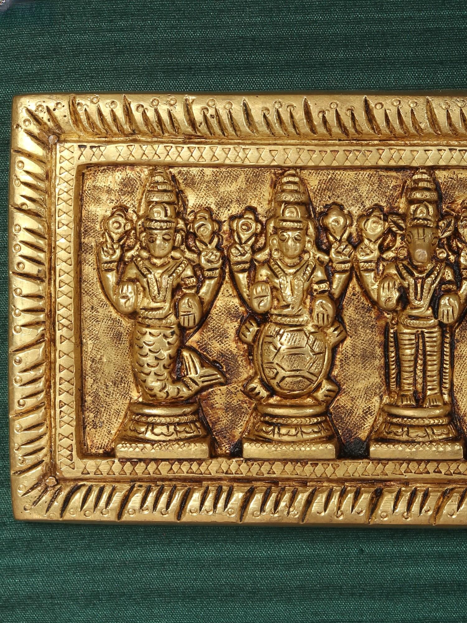 23" Brass Dashavatara of Lord Vishnu | Wood Framed Wall Hanging - 2