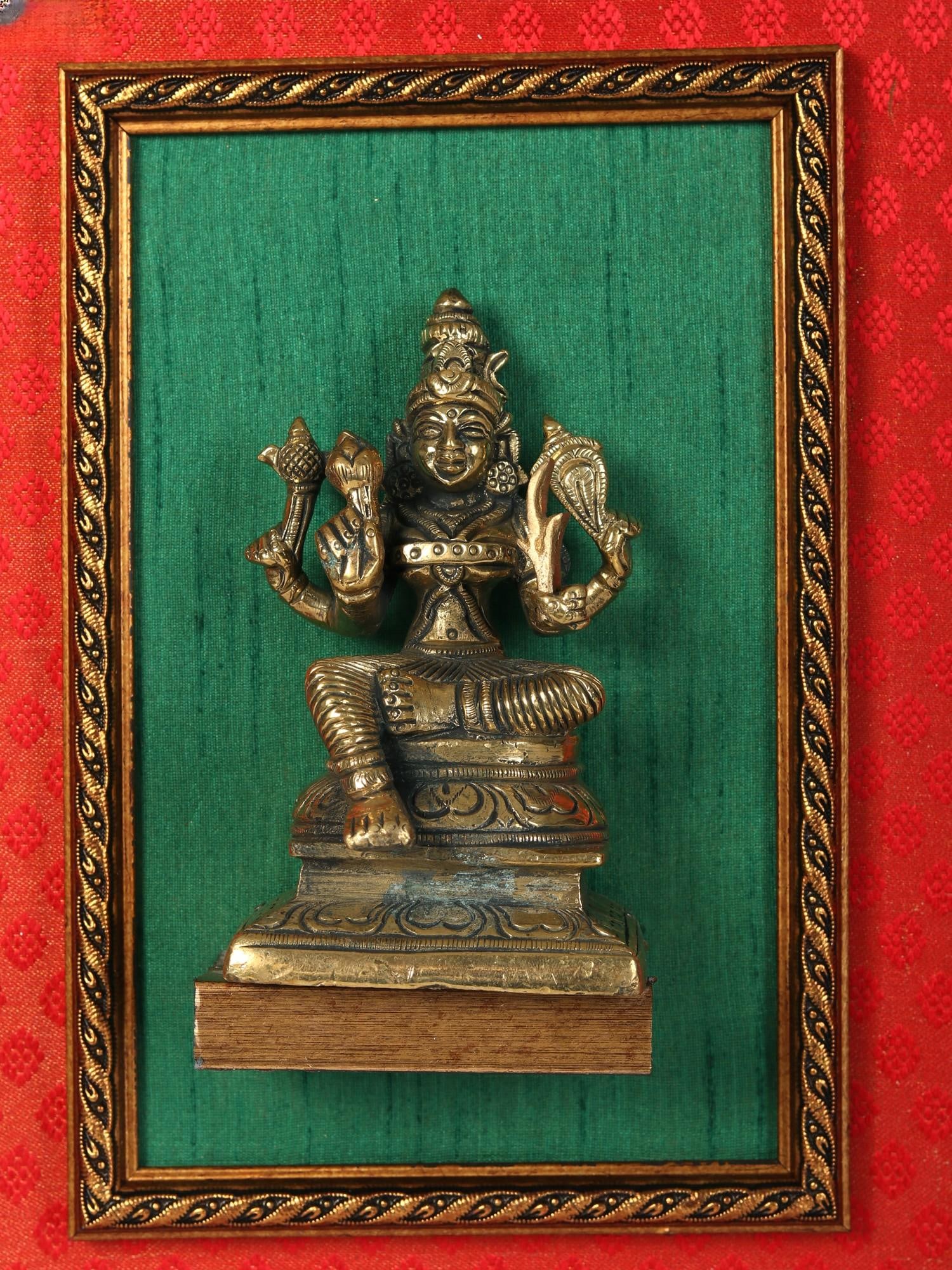 15" Brass Statue of Goddess Rajarajeshwari in Wood Framed | Wall Hanging Decor - 2