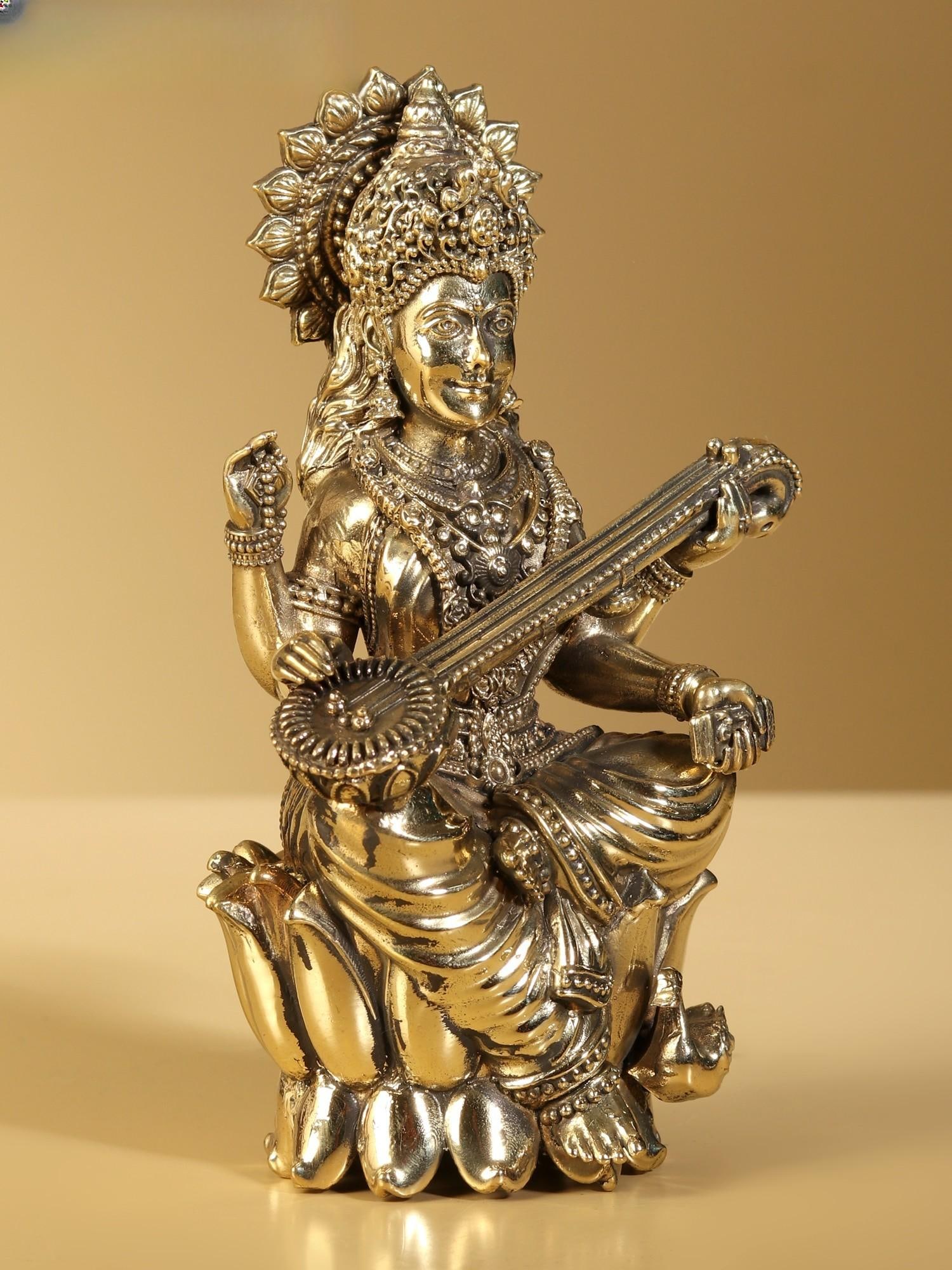 Small Superfine Maa Saraswati Brass Idol | Multiple Sizes - 2