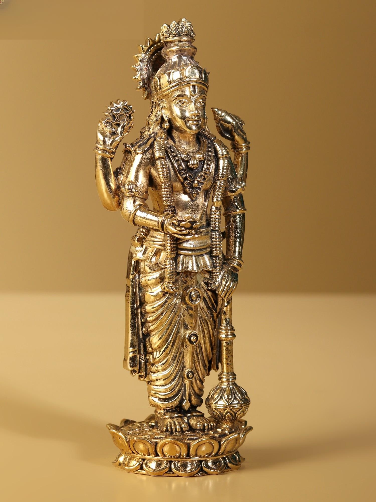 Superfine Lord Vishnu Idol Standing on Lotus | Brass Statue - 2
