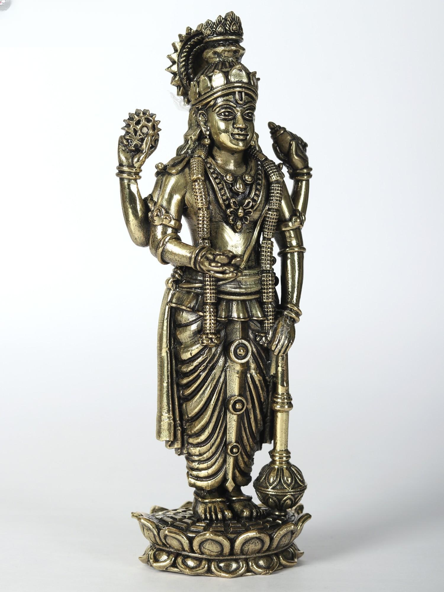 Superfine Lord Vishnu Idol Standing on Lotus | Brass Statue - 2