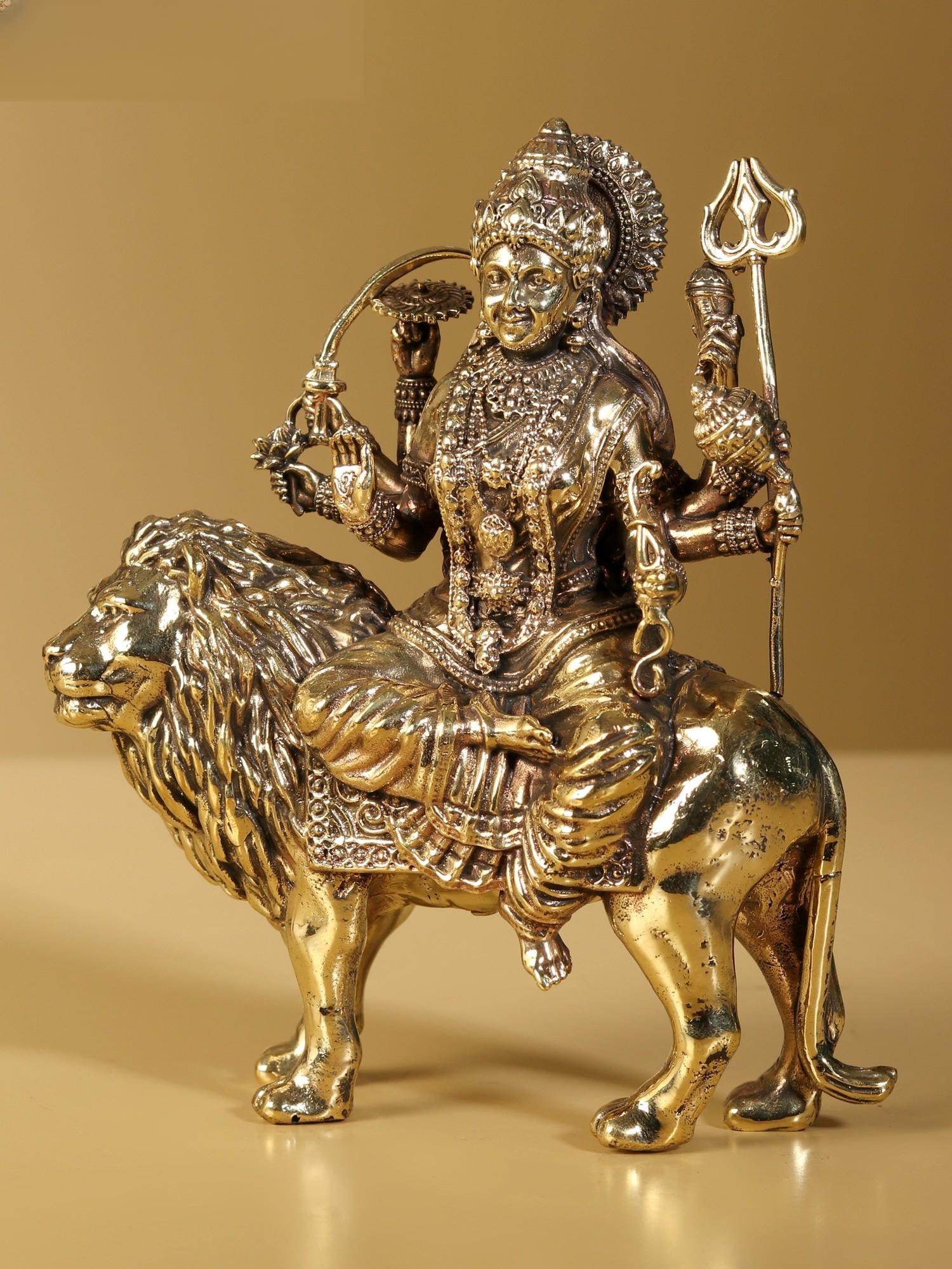 Small Superfine Four-Armed Maa Sherawali Brass Statue | Multiple Sizes - 2