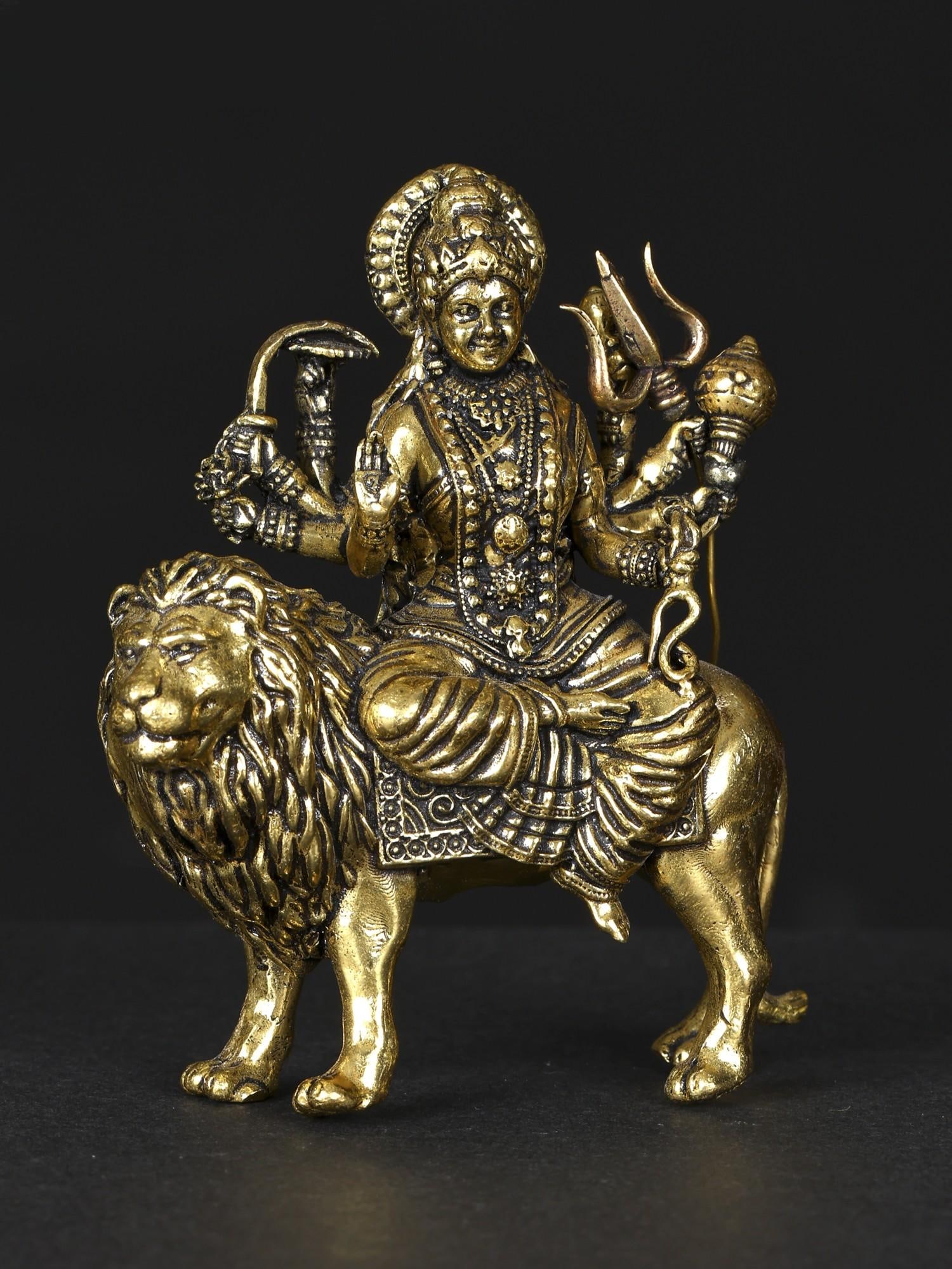 Small Superfine Four-Armed Maa Sherawali Brass Statue | Multiple Sizes - 2