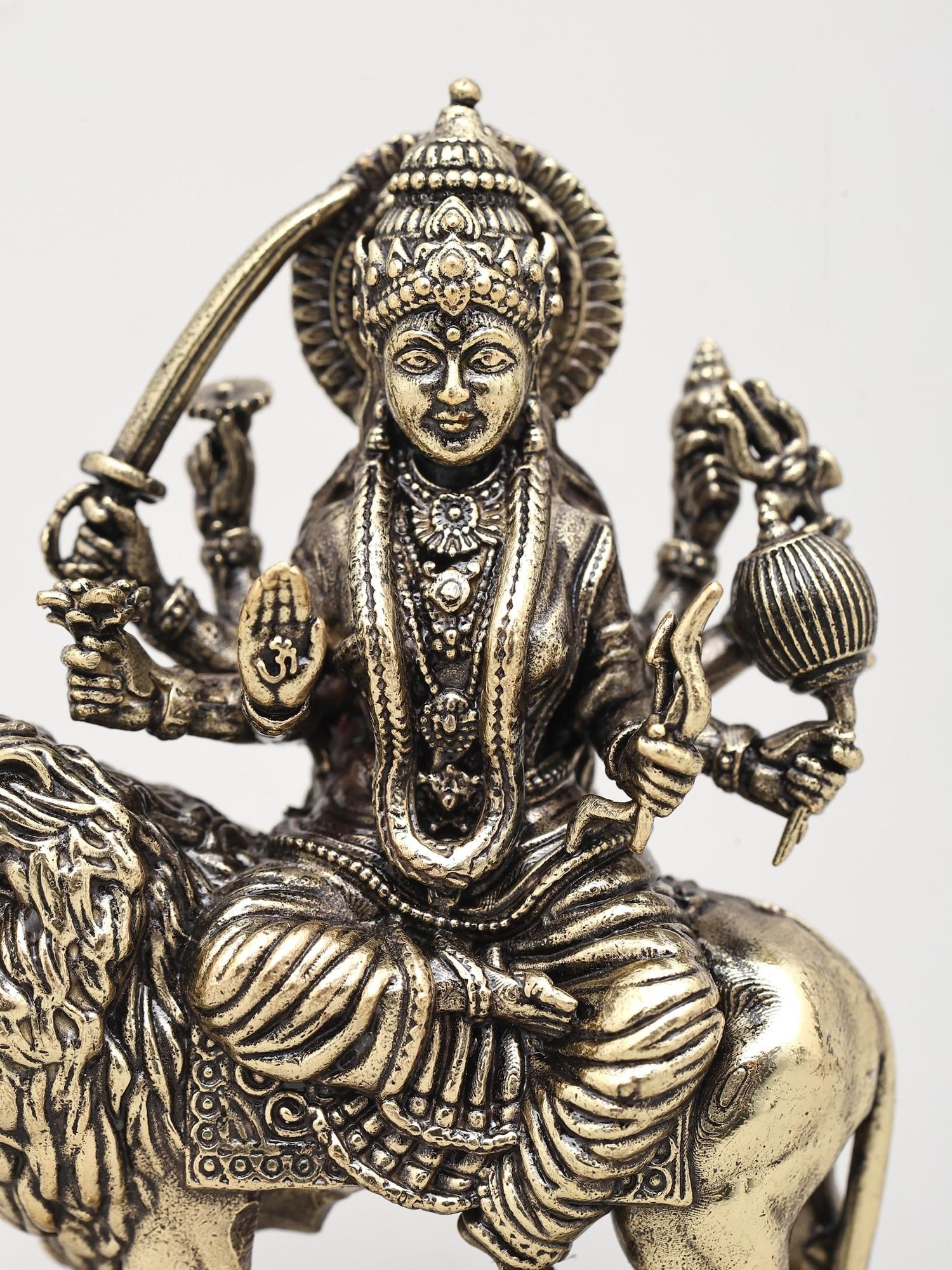 Small Superfine Four-Armed Maa Sherawali Brass Statue | Multiple Sizes - 2