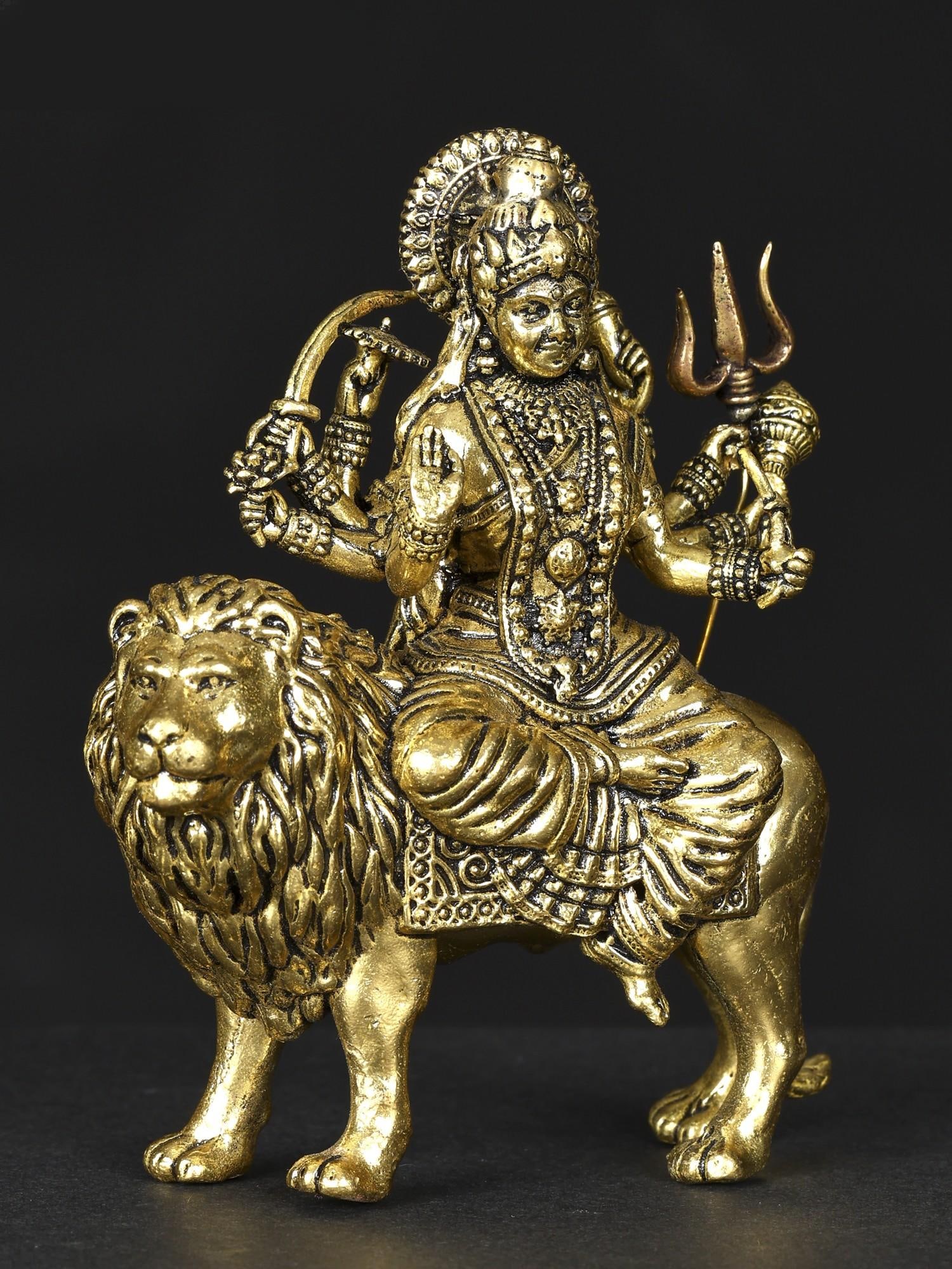 Small Superfine Four-Armed Maa Sherawali Brass Statue | Multiple Sizes - 2