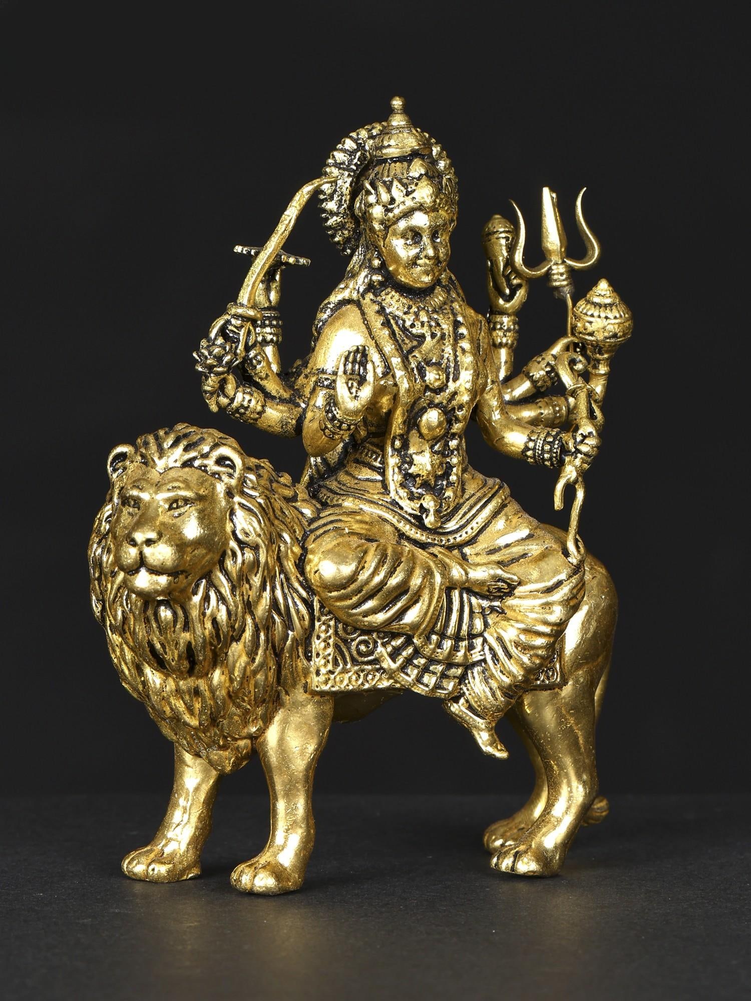 Small Superfine Four-Armed Maa Sherawali Brass Statue | Multiple Sizes - 2