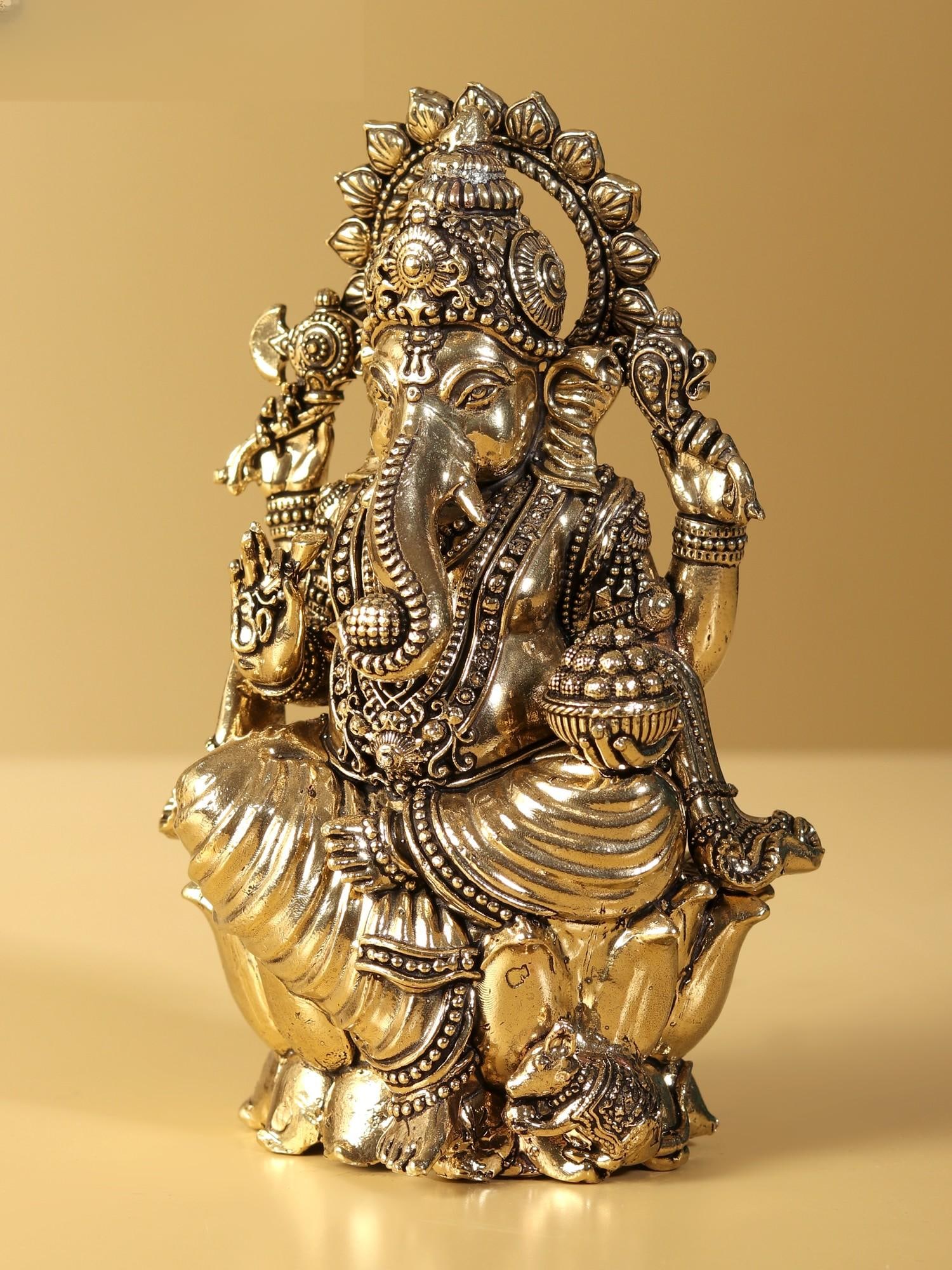Small Chaturbhuja Lord Ganesha Brass Idol Seated on Lotus - 2