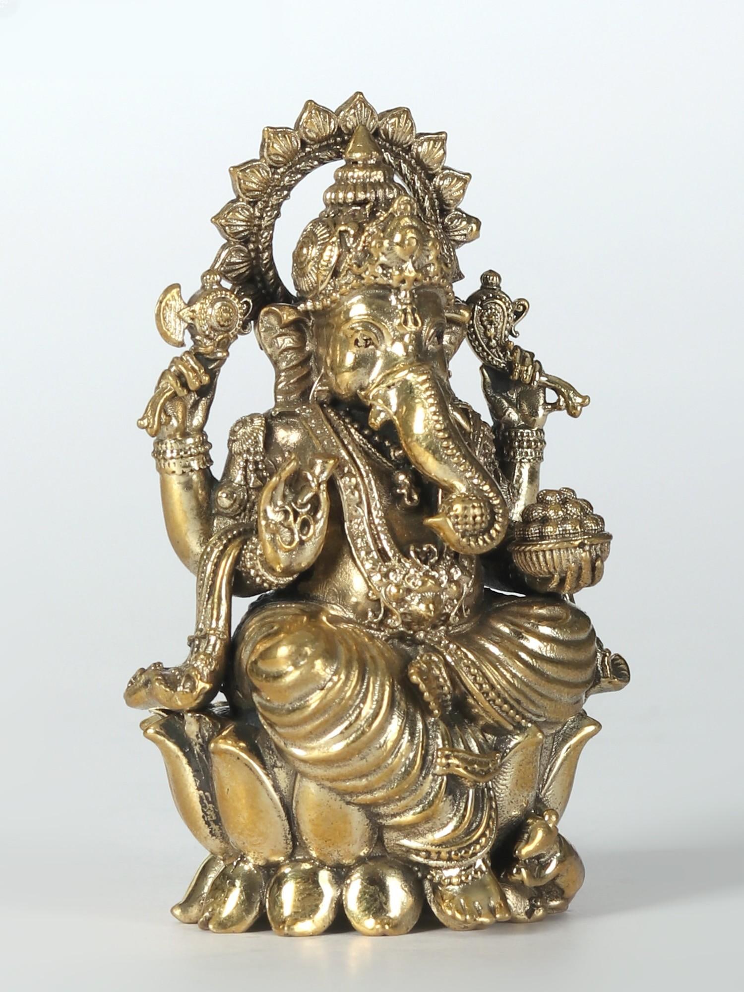 Small Chaturbhuja Lord Ganesha Brass Idol Seated on Lotus - 2