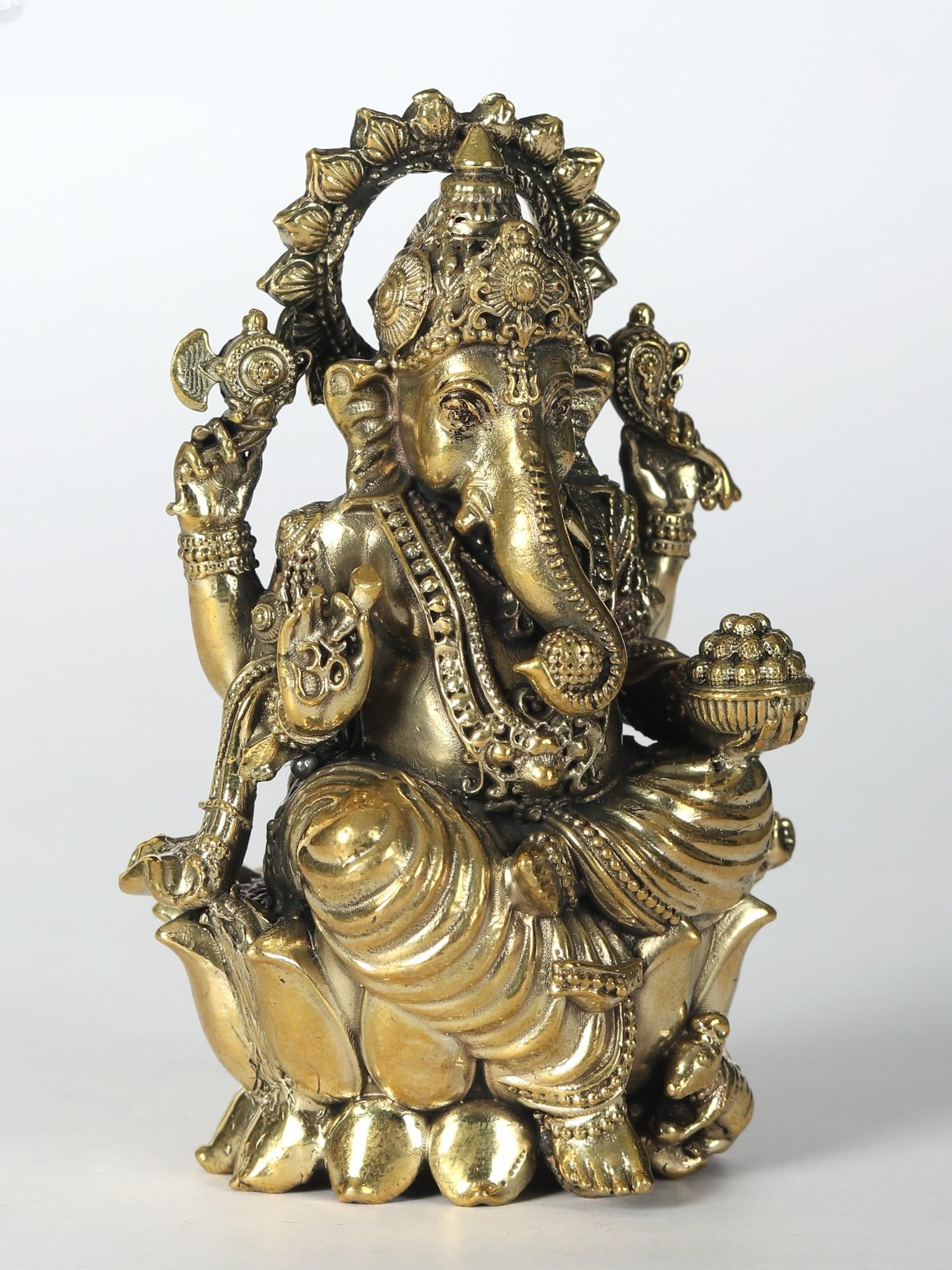 Small Chaturbhuja Lord Ganesha Brass Idol Seated on Lotus - 2