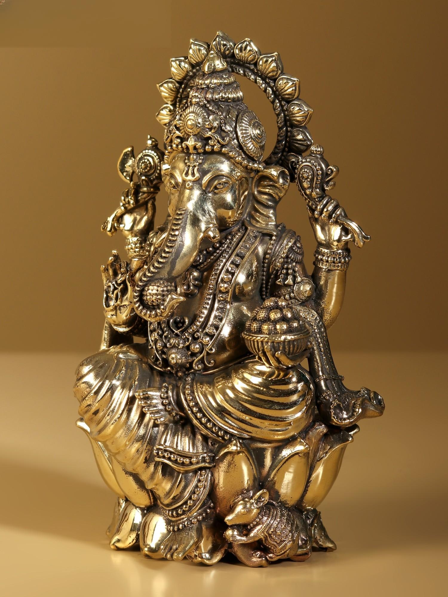 Superfine Lord Ganapati Brass Statue Seated on Lotus - 2