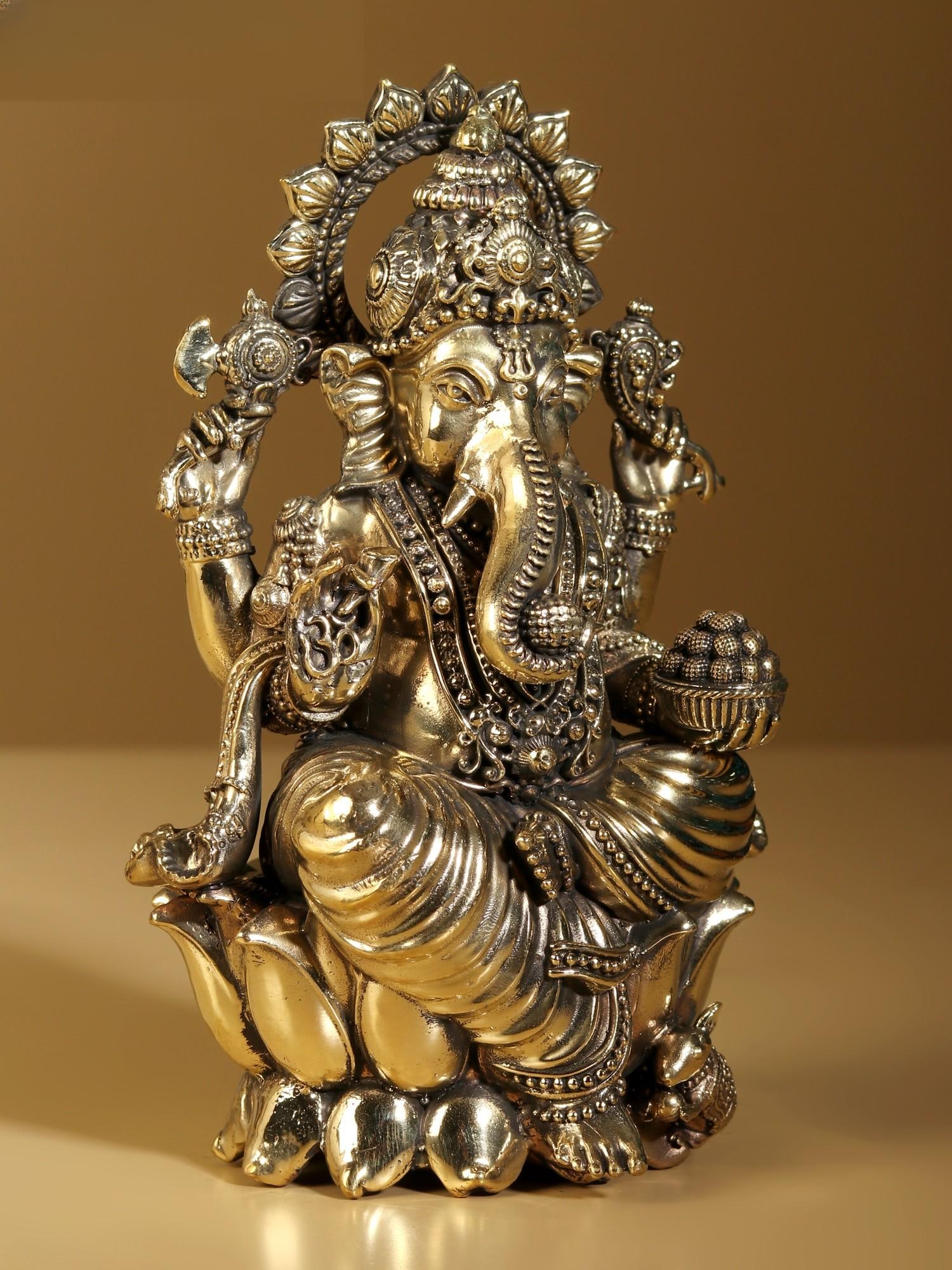 Superfine Lord Ganapati Brass Statue Seated on Lotus - 2