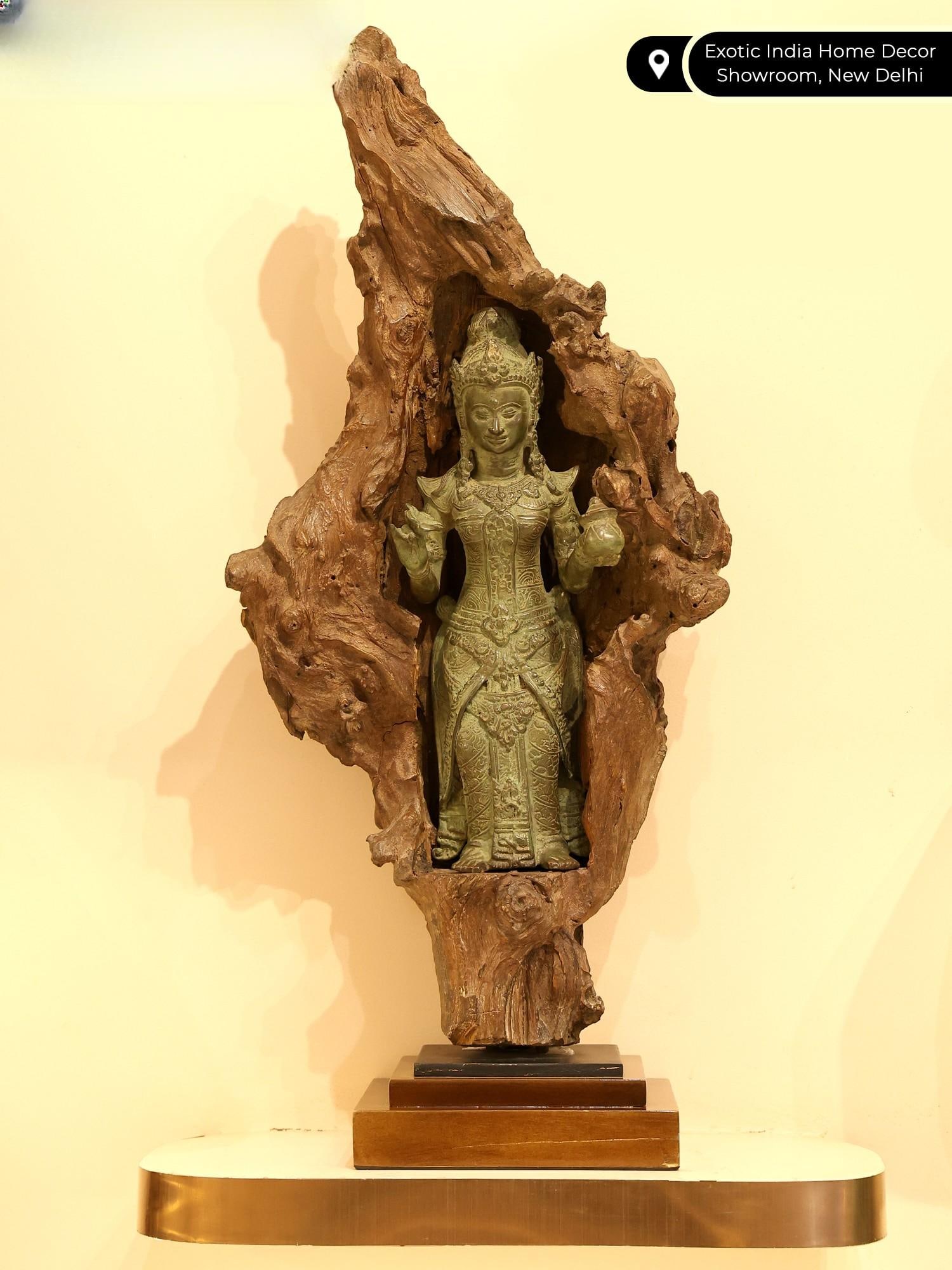 28" Tibetan Buddhist Goddess Guanyin | Brass Statue on Wood Base - 2