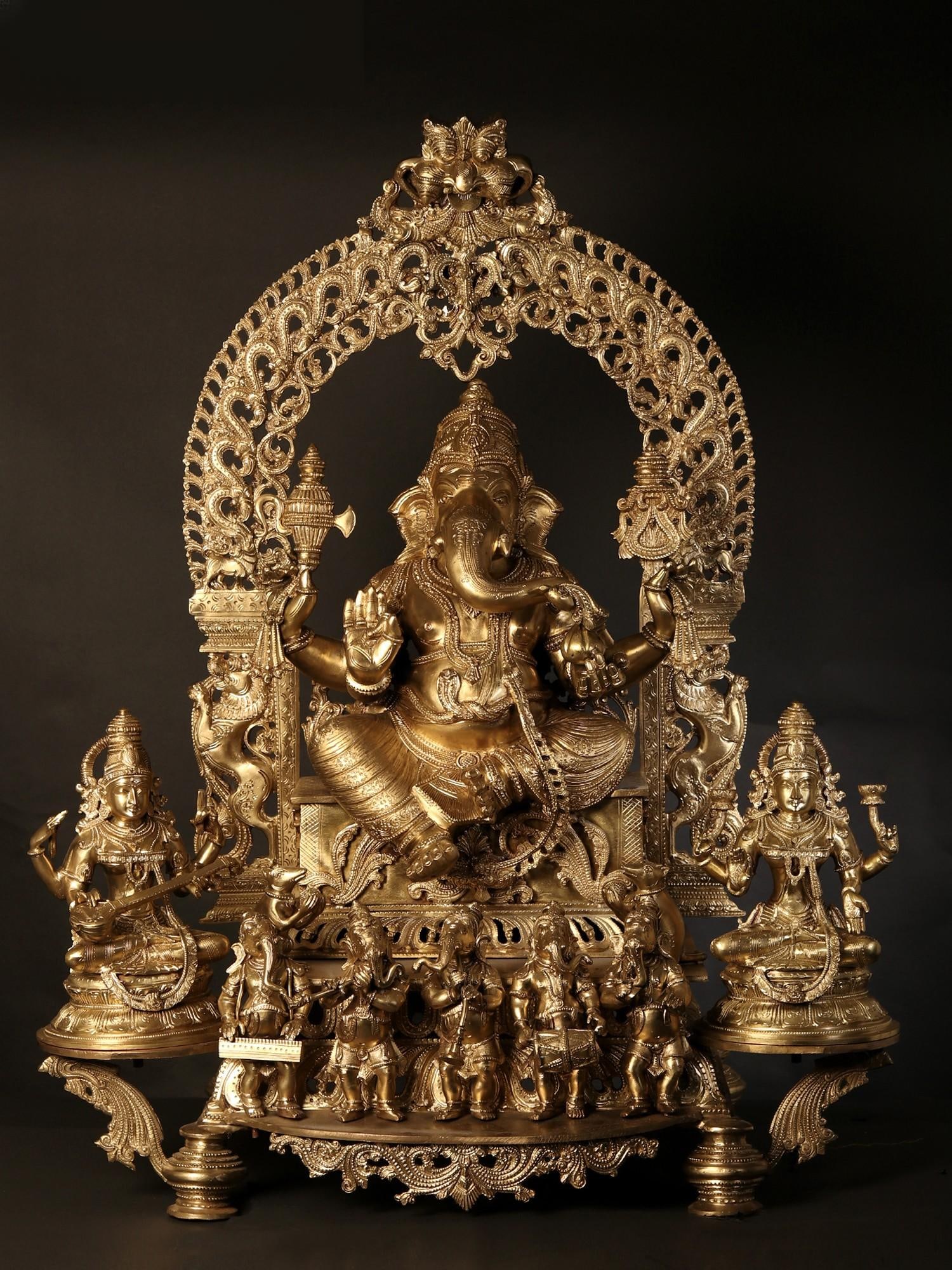 37" Bronze Idol of Superfine Siddhi Vinayak Ganesha with Devi Saraswati and Lakshmi (1 of 2)