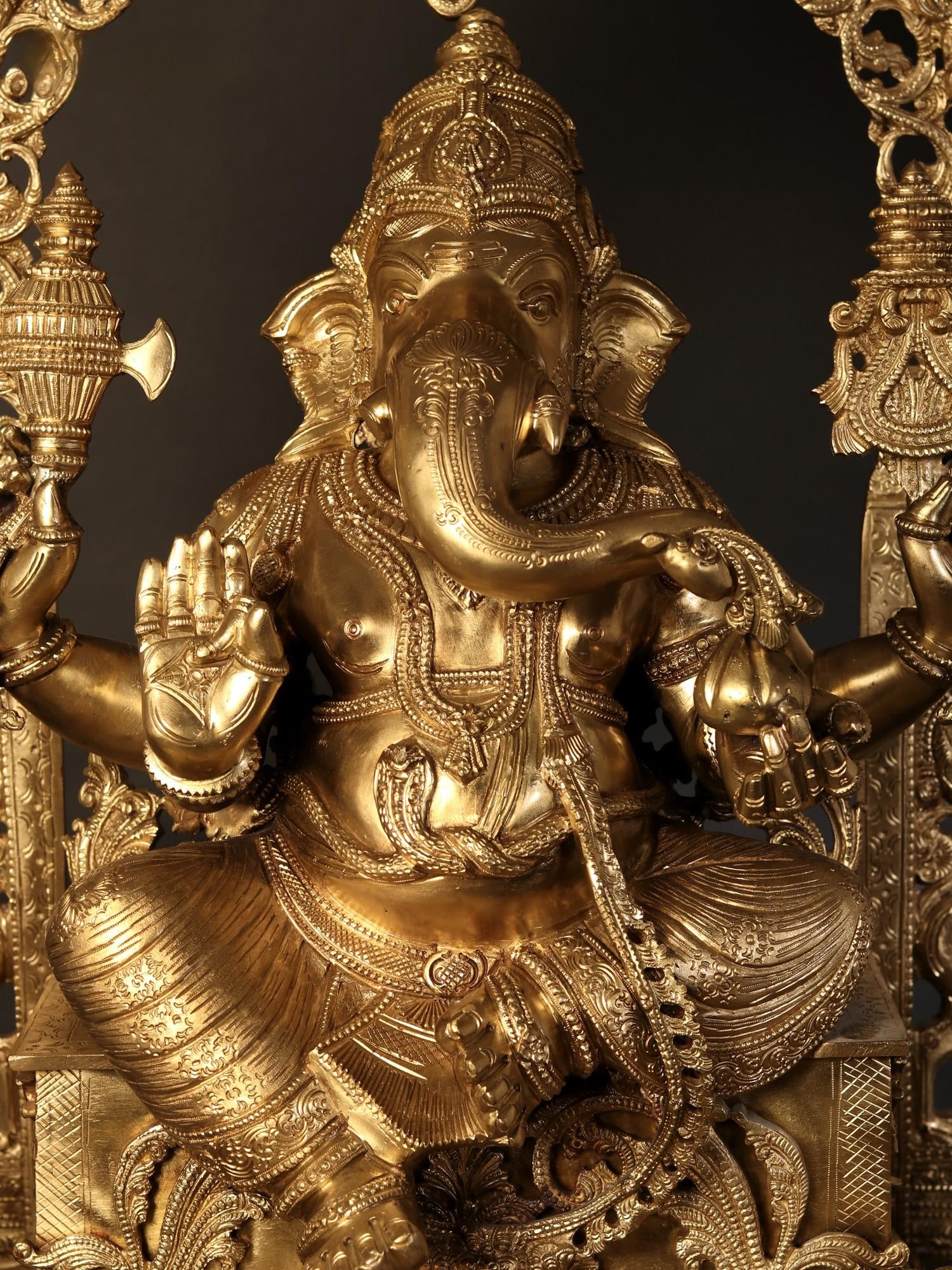 37" Bronze Idol of Superfine Siddhi Vinayak Ganesha with Devi Saraswati and Lakshmi - 2
