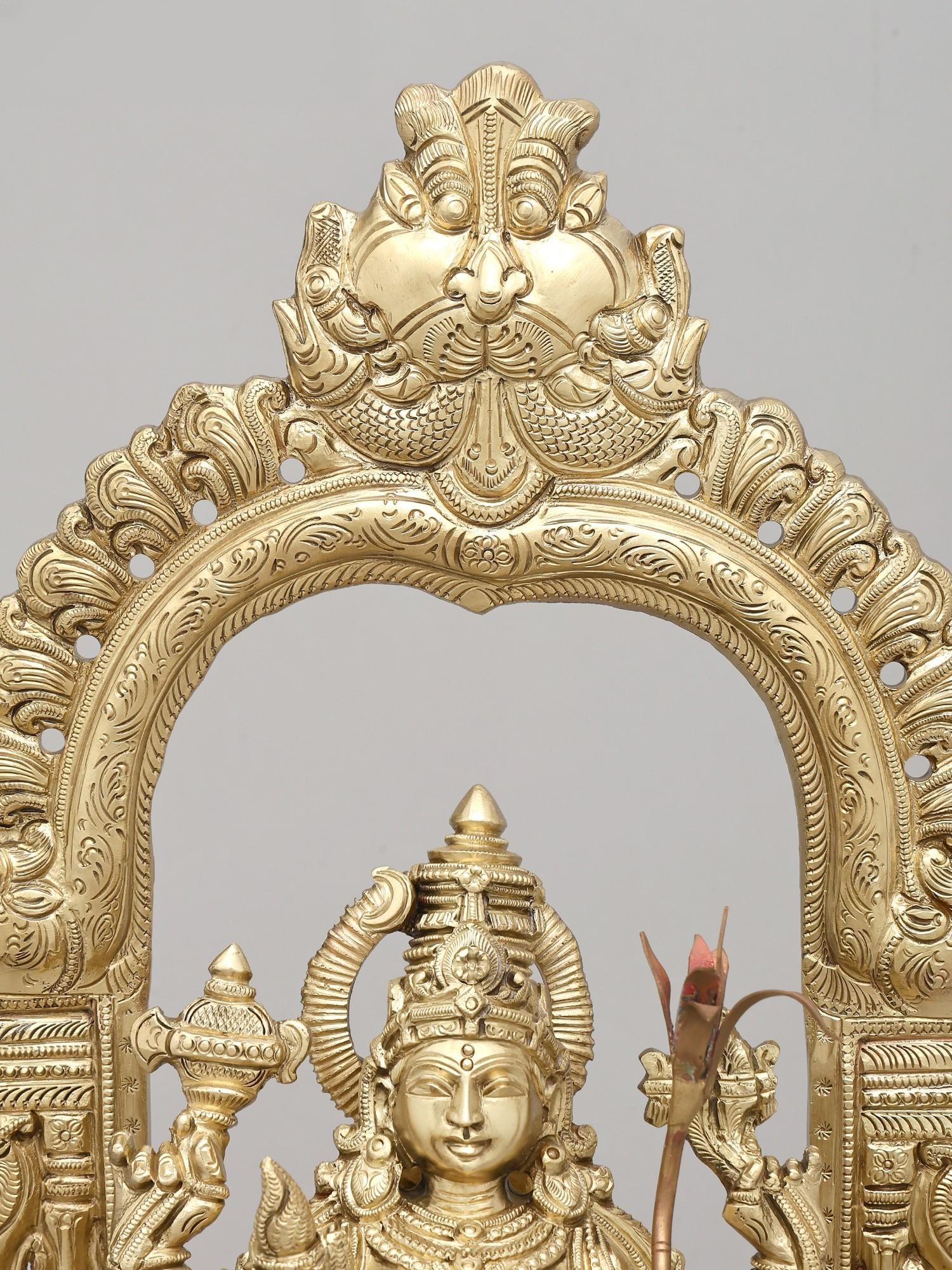 17" Goddess Rajarajeshvari (Tripura Sundari) Seated on Kirtimukha Throne | Hoysala Bronze Statue - 2