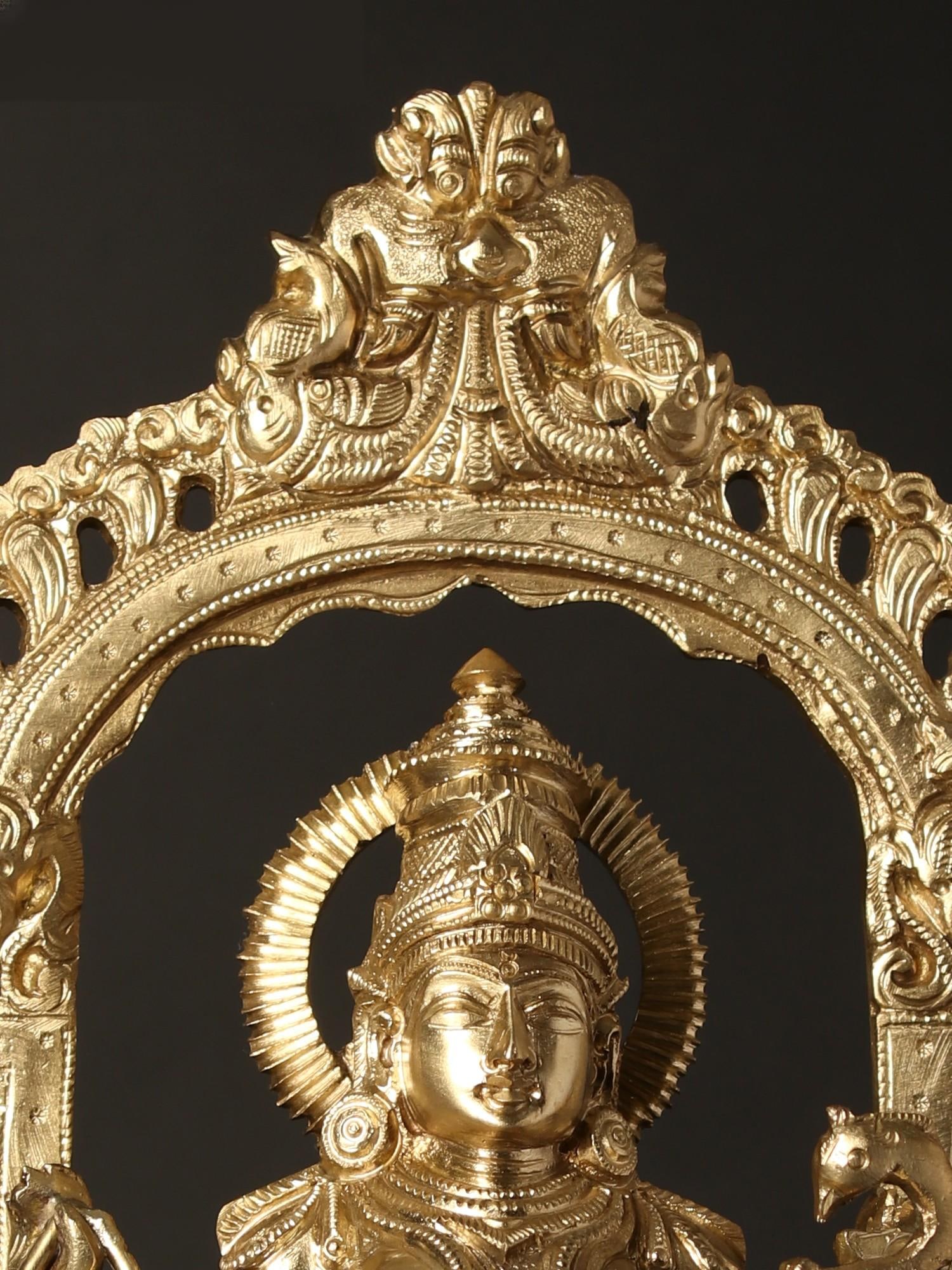 13" Devi Saraswati Seated on Kirtimukha Throne | Hoysala Bronze Statue - 2