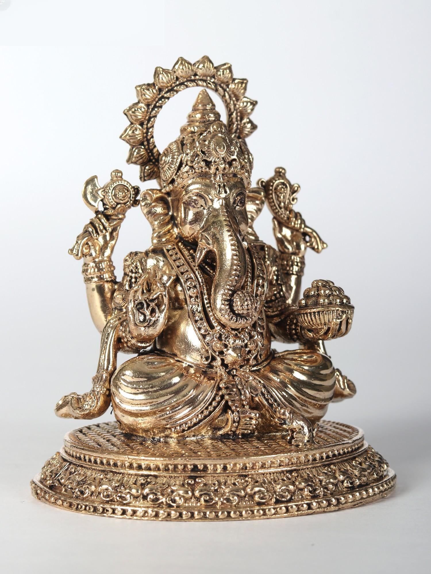4" Small Chaturbhuja Lord Ganesha Brass Statue - 2