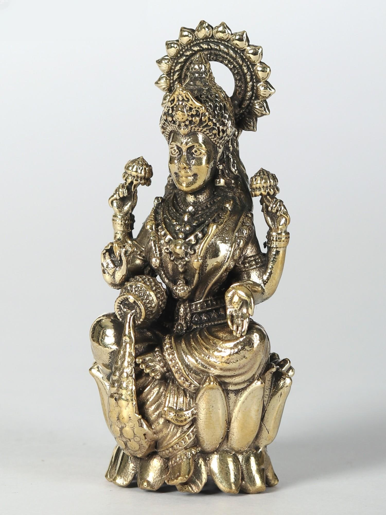 Small Seated Goddess Lakshmi Brass Statue (Multiple Sizes) - 2