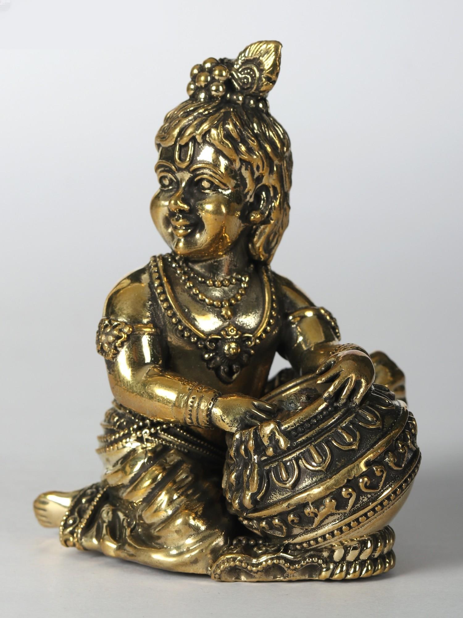 Small Butter Krishna Brass Statue (Different Sizes) - 2