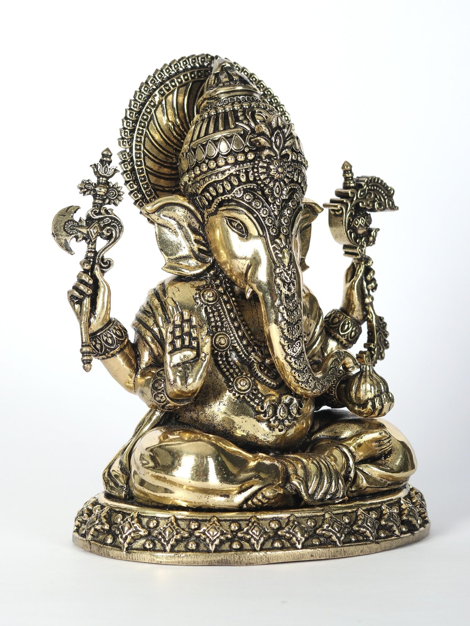 6" Small Superfine Brass Idol of Lord Ganesha Holding Modak - 2