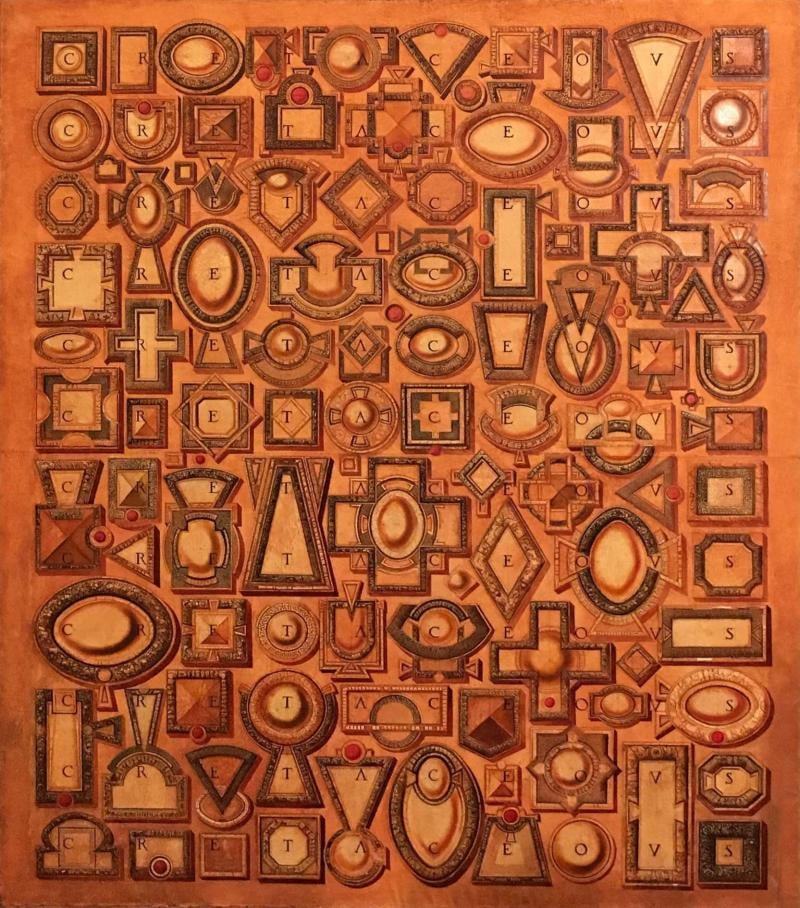 Painting, Weaect X.M 1990 Signed Valdimir Shelest: Title: Painting, Weaect X.M 1990 Signed Valdimir Shelest Description: Valdimir Shelest digital artist oil painting of letters in an abstract form. From a home in Greenwich CT. Height 55.5 inches Width