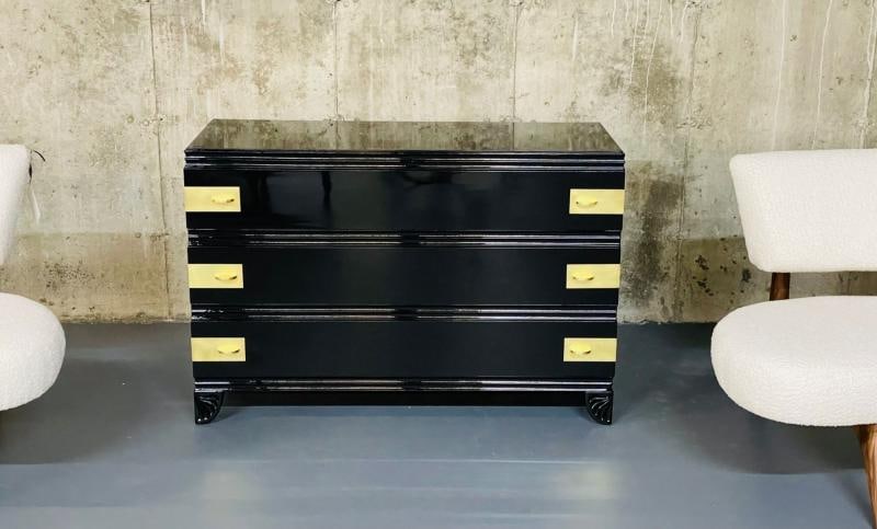 Black Lacquered Campaign Chest, Dresser or Commode, Hollywood Regency, Parzinger - 6
