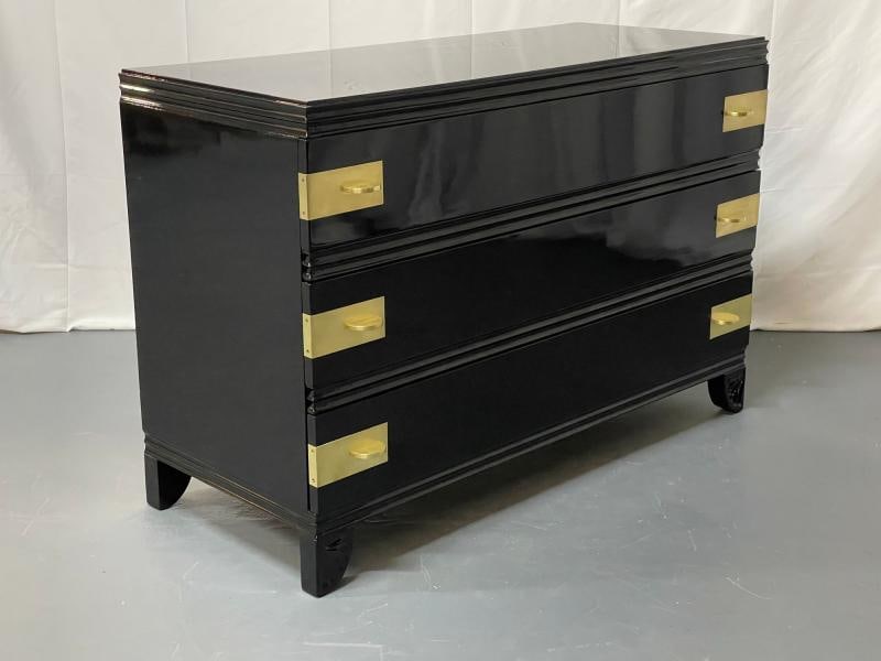 Black Lacquered Campaign Chest, Dresser or Commode, Hollywood Regency, Parzinger - 7