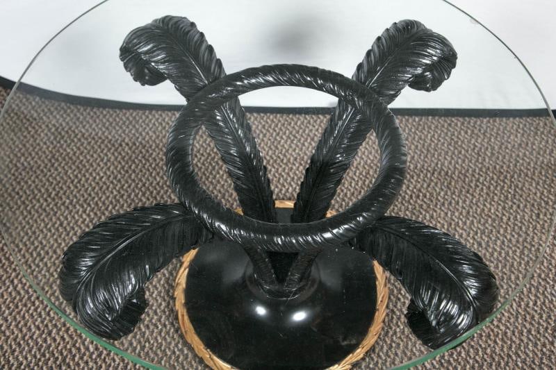 Hollywood Regency Style Ebonized Glass Top Palm Leaf Coffee Table Gilt Border - 3