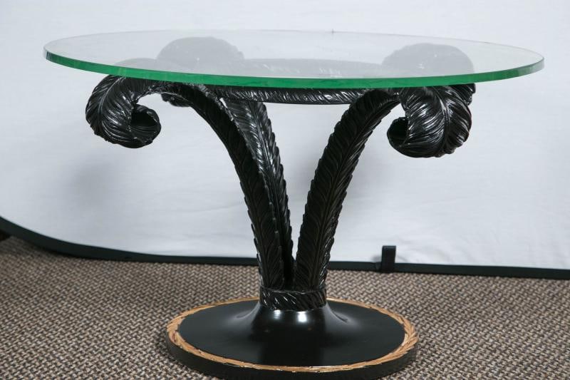Hollywood Regency Style Ebonized Glass Top Palm Leaf Coffee Table Gilt Border - 5