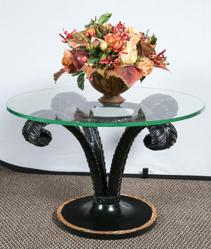 Hollywood Regency Style Ebonized Glass Top Palm Leaf Coffee Table Gilt Border - 6
