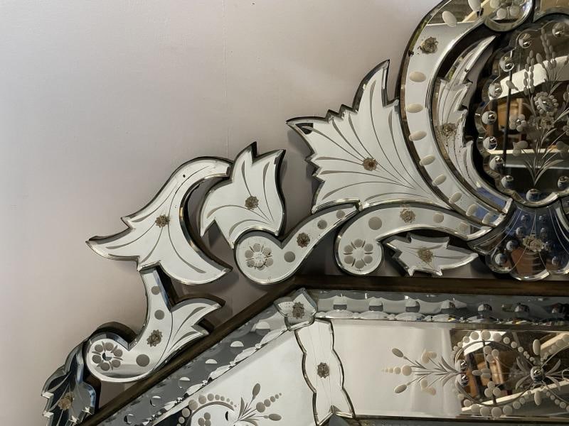 Large French Venetian Style Wall / Console Mirror, Floral Etched Glass, Beveled - 10