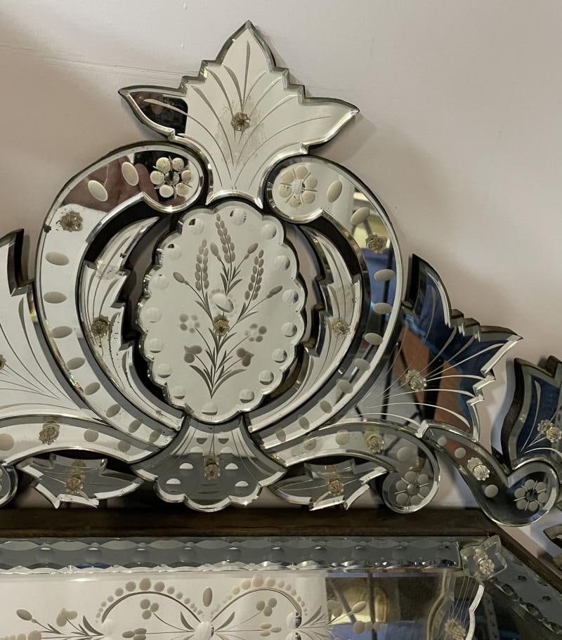 Large French Venetian Style Wall / Console Mirror, Floral Etched Glass, Beveled - 11