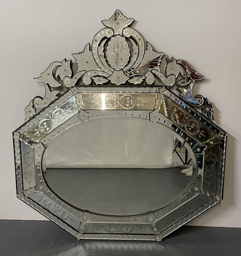 Large French Venetian Style Wall / Console Mirror, Floral Etched Glass, Beveled - 12