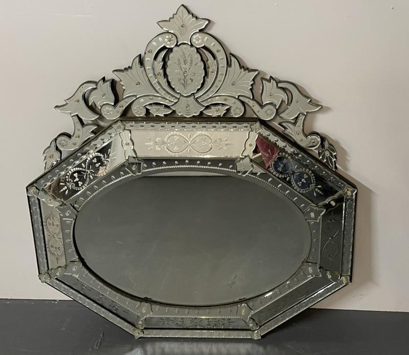 Large French Venetian Style Wall / Console Mirror, Floral Etched Glass, Beveled - 2