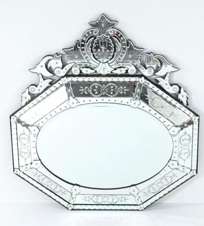 Large French Venetian Style Wall / Console Mirror, Floral Etched Glass, Beveled - 4
