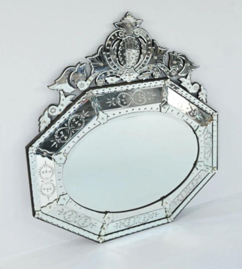 Large French Venetian Style Wall / Console Mirror, Floral Etched Glass, Beveled - 5