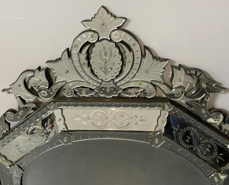 Large French Venetian Style Wall / Console Mirror, Floral Etched Glass, Beveled - 6