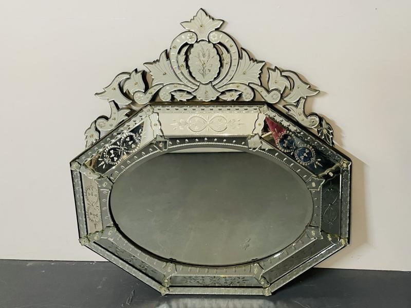 Large French Venetian Style Wall / Console Mirror, Floral Etched Glass, Beveled - 7