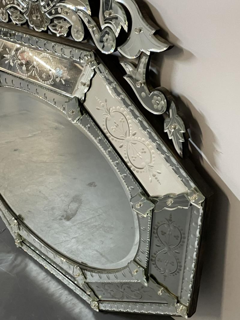 Large French Venetian Style Wall / Console Mirror, Floral Etched Glass, Beveled - 8